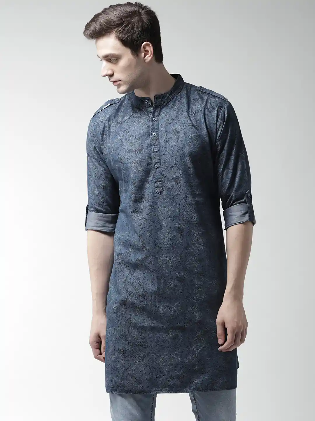 Buy Style Quotient Men Blue Printed Denim Straight Kurta Kurtas