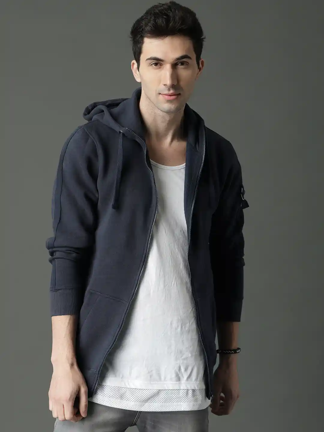 Buy Roadster Men Navy Blue Solid Hooded Sweatshirt Sweatshirts