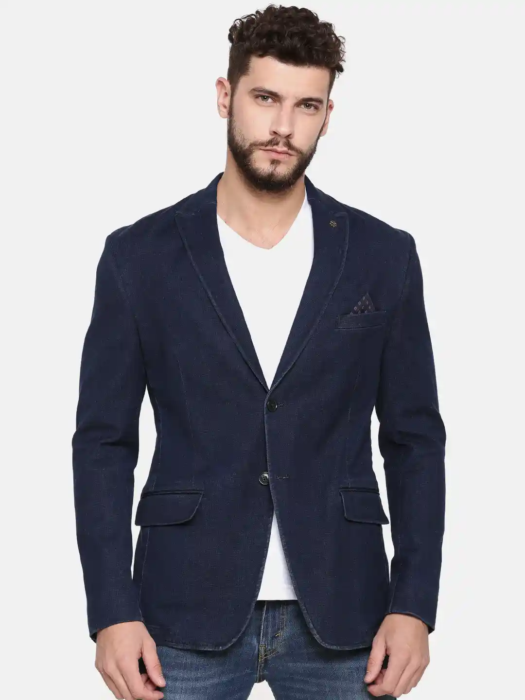 Buy Theme Men Blue Fitted Single-Breasted Denim Casual Blazer