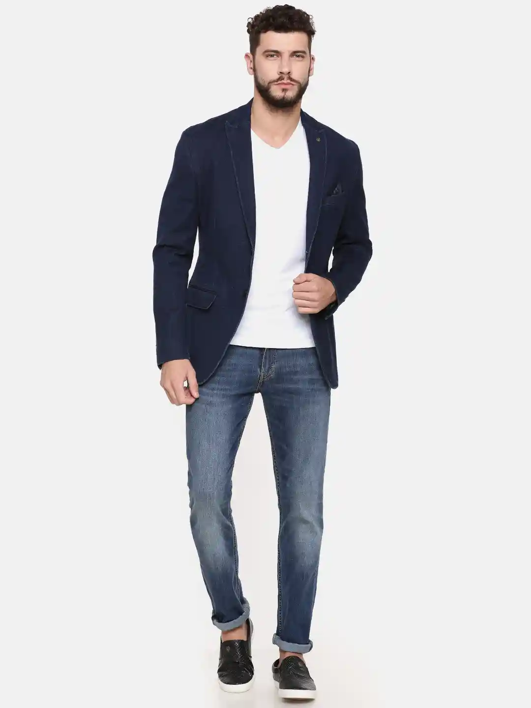 Buy Theme Men Blue Fitted Single-Breasted Denim Casual Blazer