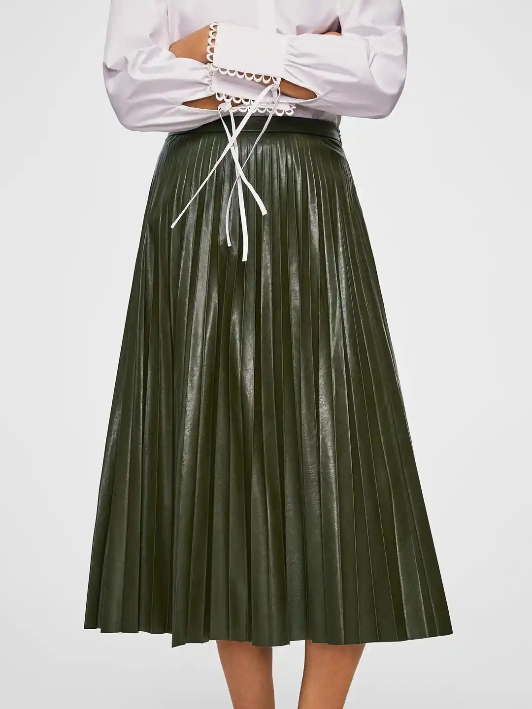 Buy MANGO Women Olive Green Faux Leather Pleated Midi Flared Skirt