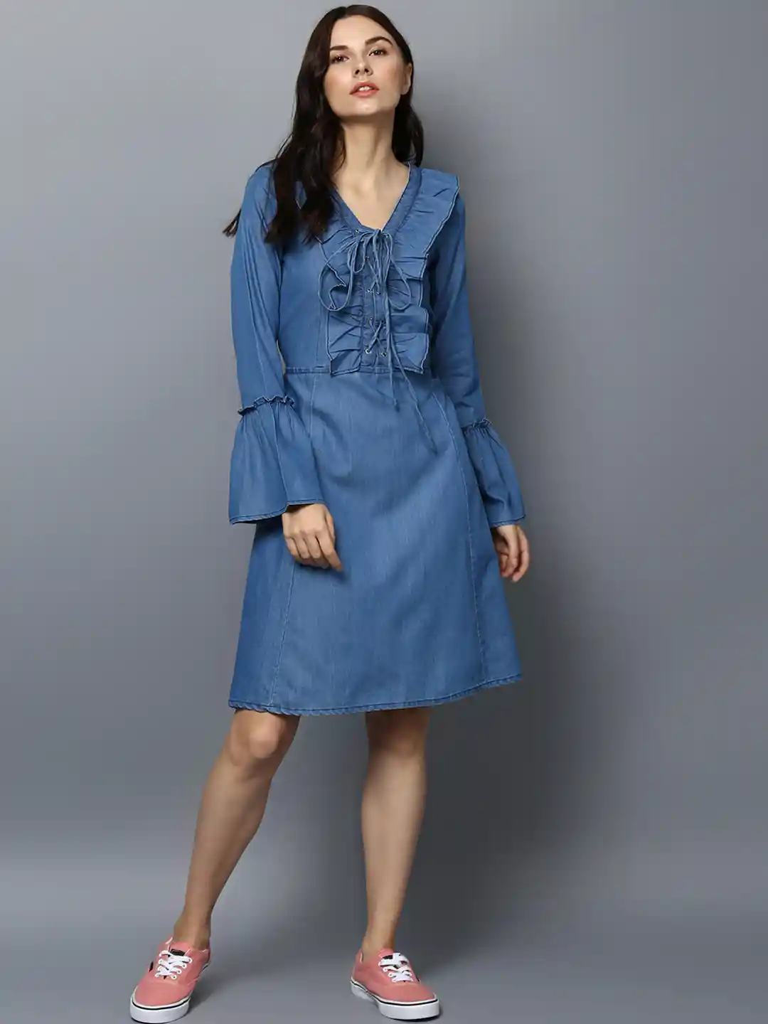 Buy StyleStone Women Blue Solid Fit and Flare Denim Dress