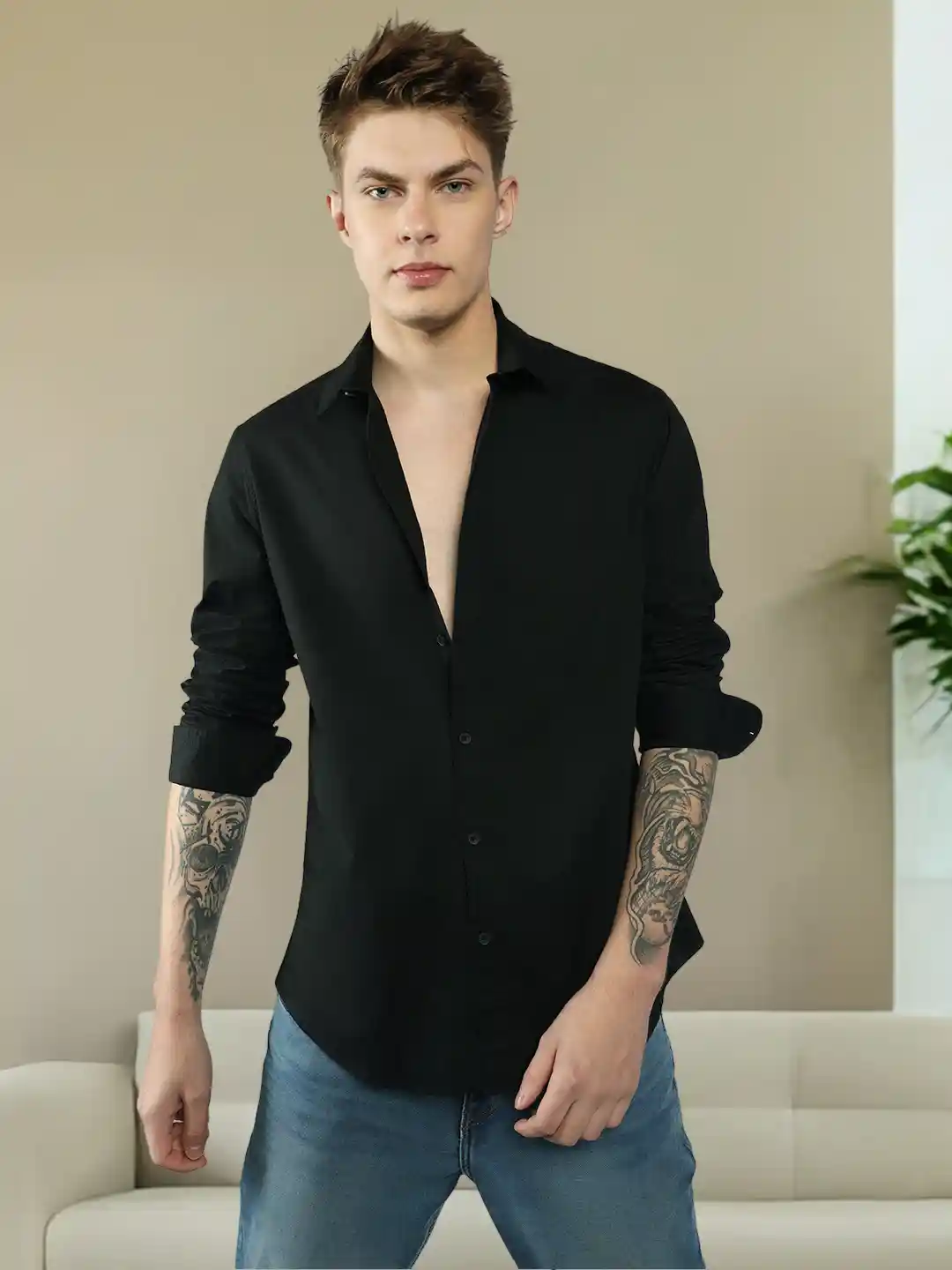 Long Sleeve Shirt Outfit Black Shirt Blue Jeans Combination Casual