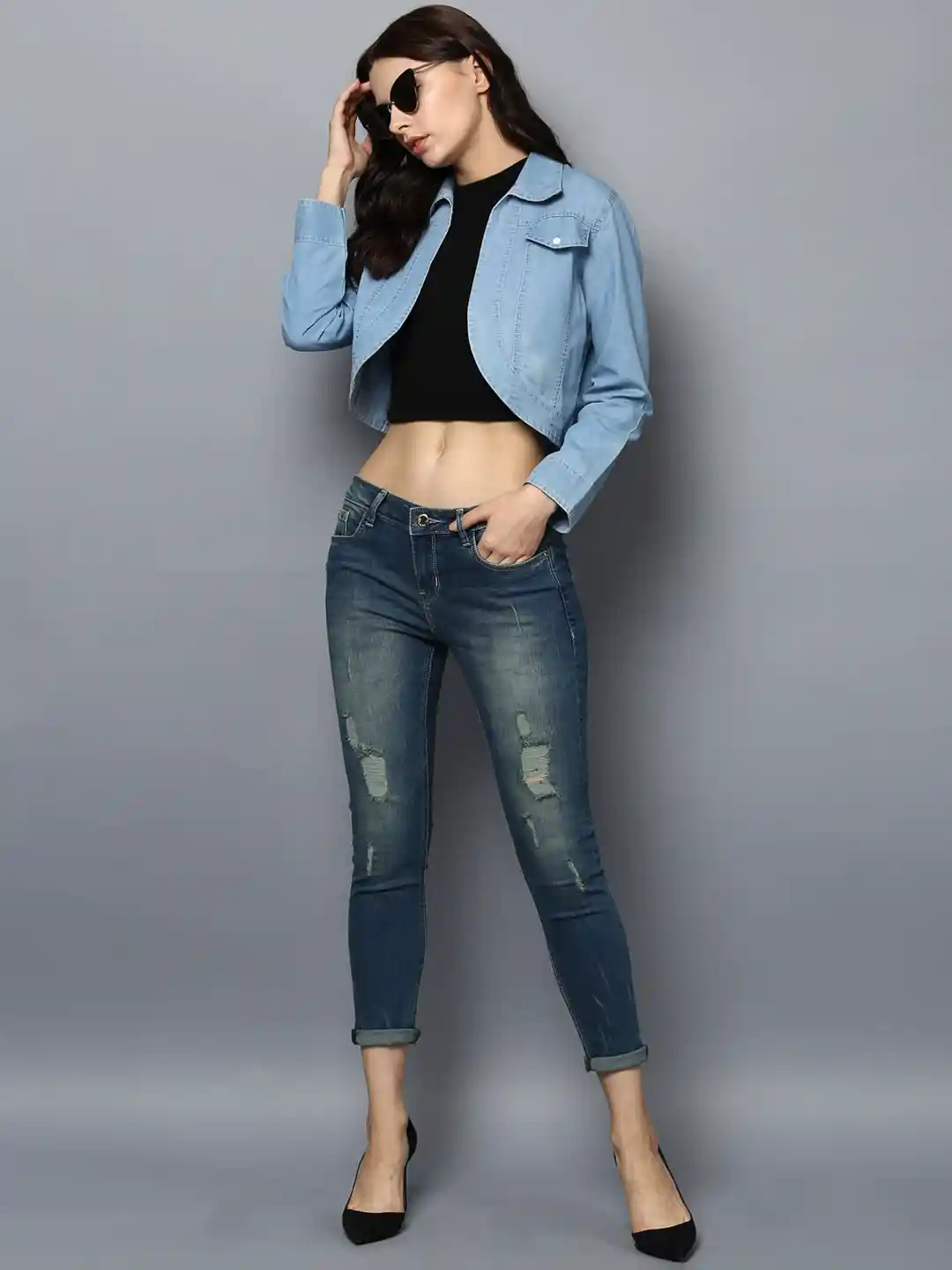 Buy StyleStone Women Blue Self Design Open Front Denim Shrug