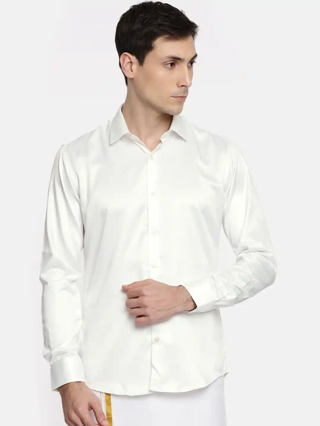 White Satin Party Wear Shirts Russell Cream Satin Full Sleeve