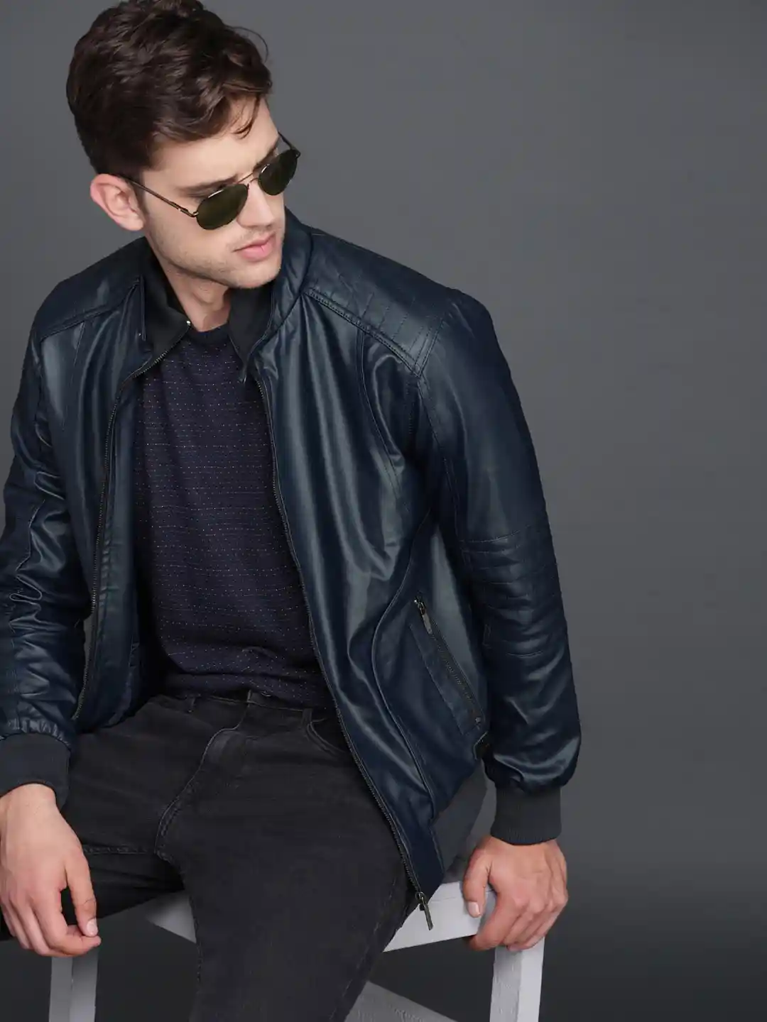 WROGN Men Navy Blue Biker Jacket