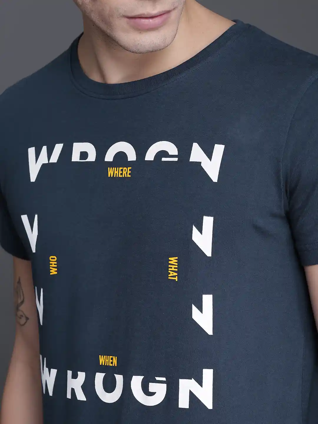 Buy WROGN Men Blue Printed Round Neck Pure Cotton T-shirt