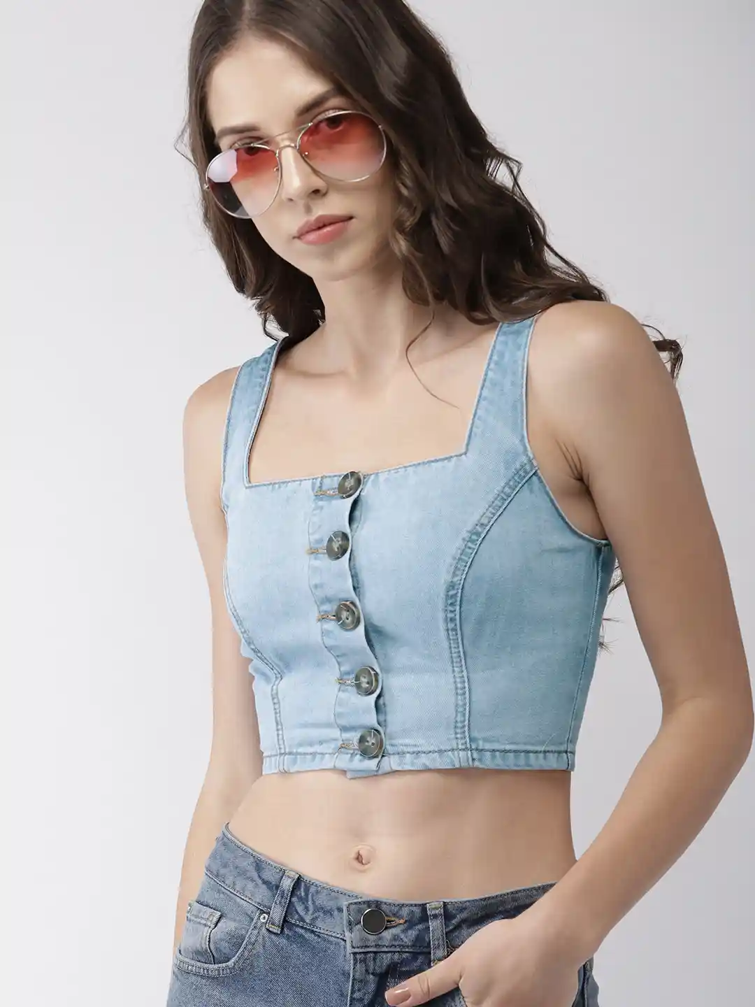 Buy FOREVER 21 Women Blue Solid Denim Bralette Crop Top Tops for