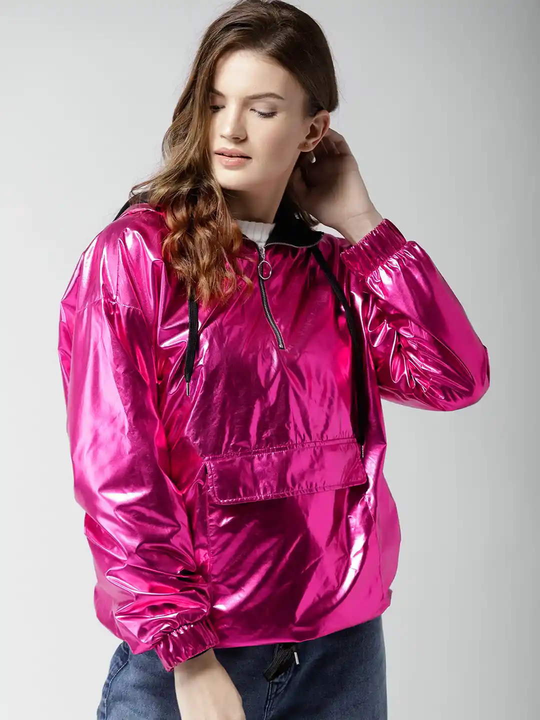 Buy FOREVER 21 Women Pink Glossy Hooded Sporty Jacket Jackets