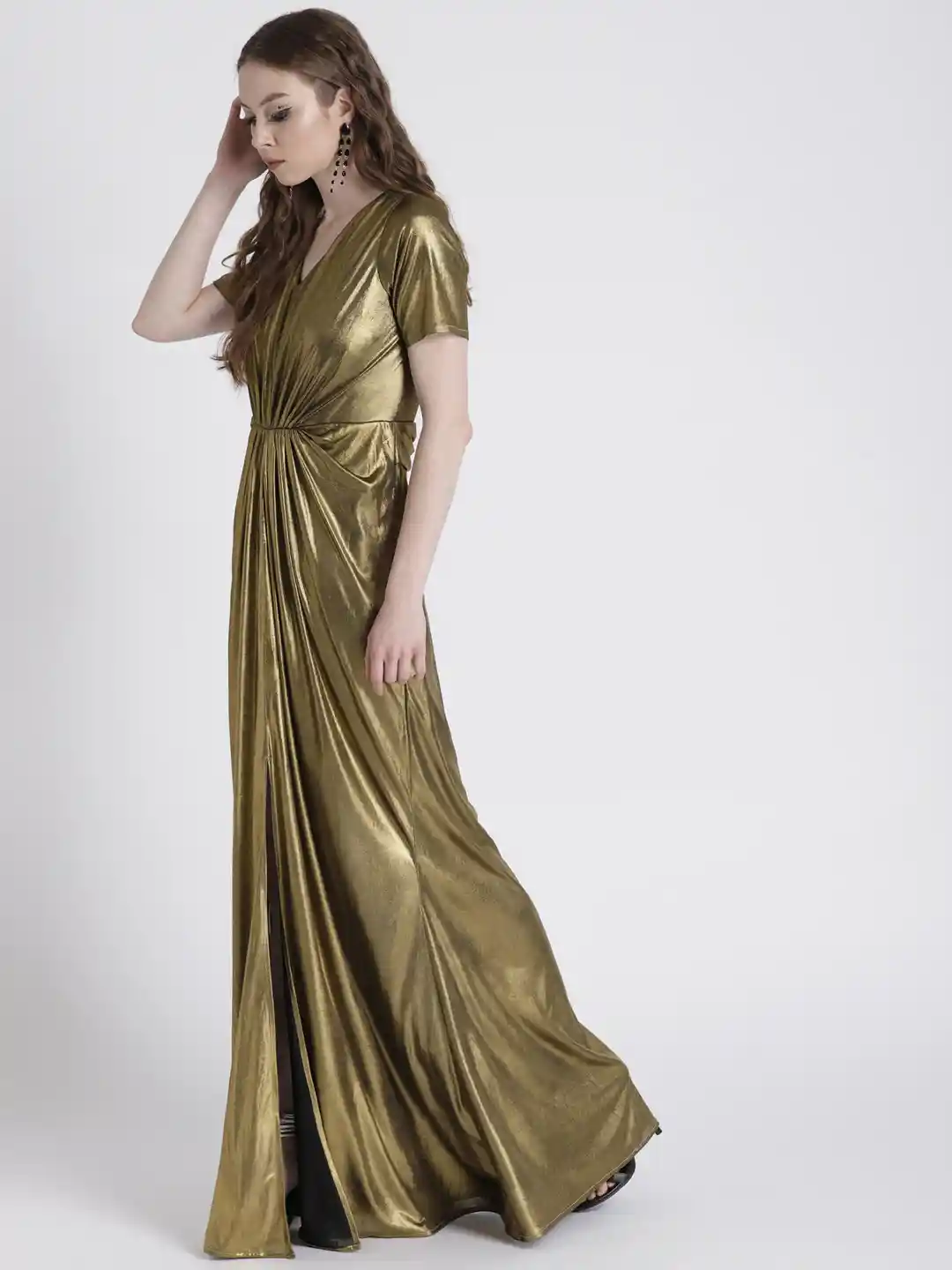 Buy FabAlley Women Gold-Toned Front Drape Maxi Dress Dresses for