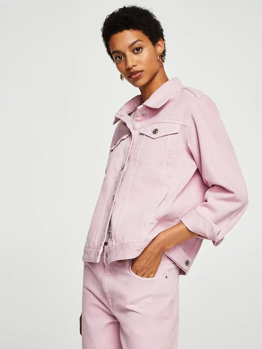 Buy MANGO Women Pink Solid Oversized Denim Jacket Jackets for