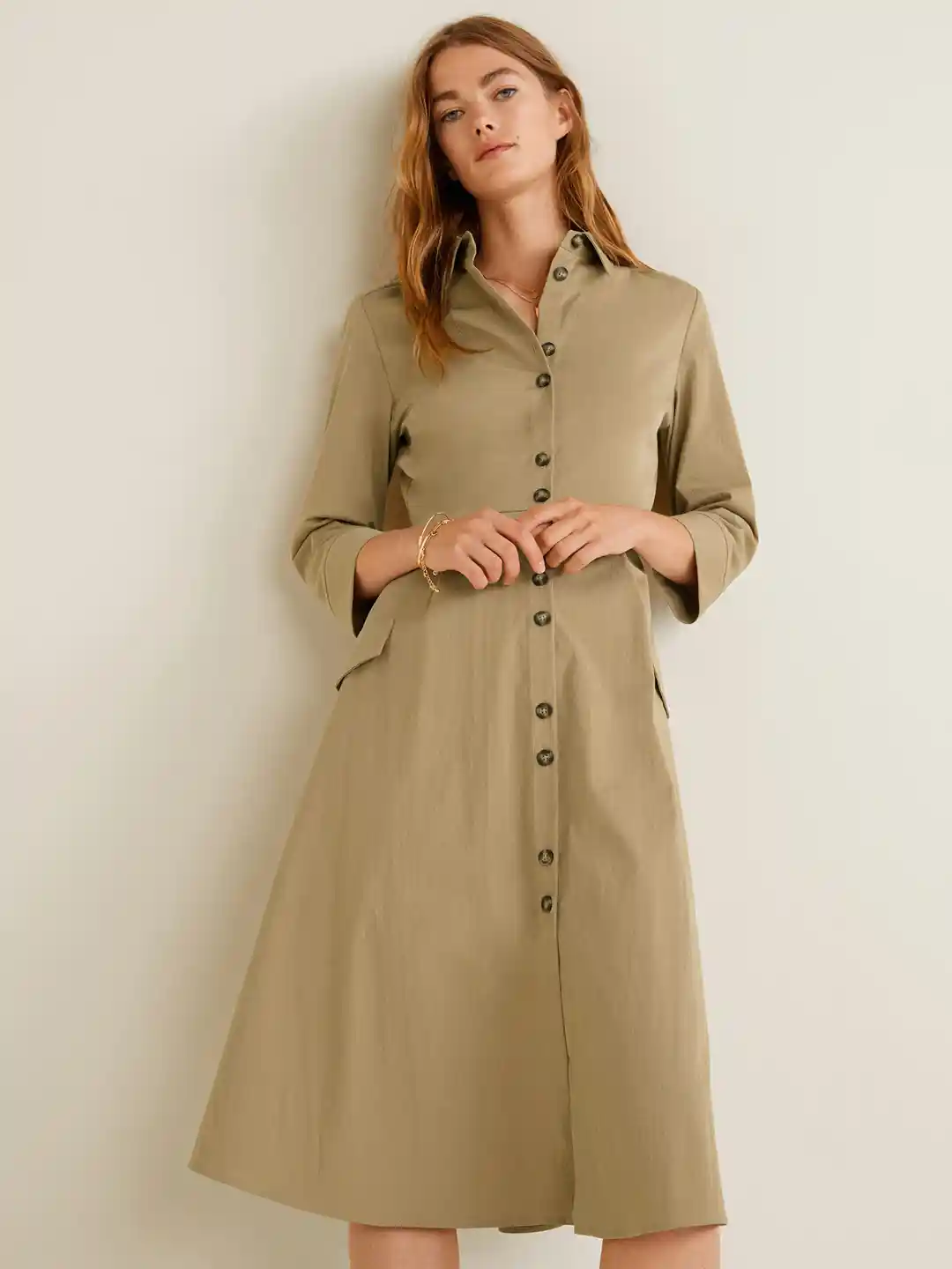 Mango Women's Button Up Shirt Dress MANGO Women Khaki Solid