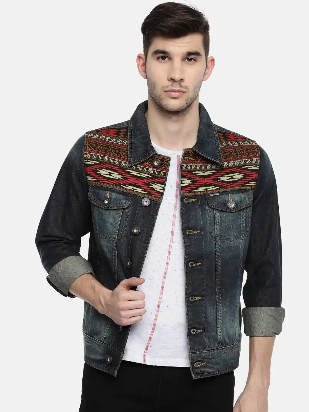 Buy Van Heusen Men Blue Solid Embroidered Denim Jacket Jackets