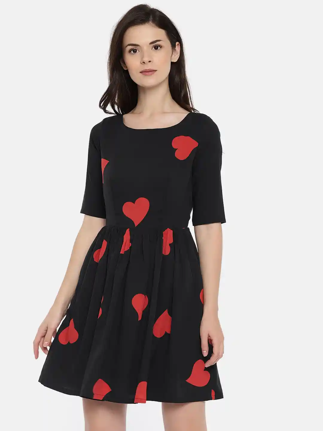 Buy ROVING MODE Women Black Red Heart Print Fit and Flare Dress