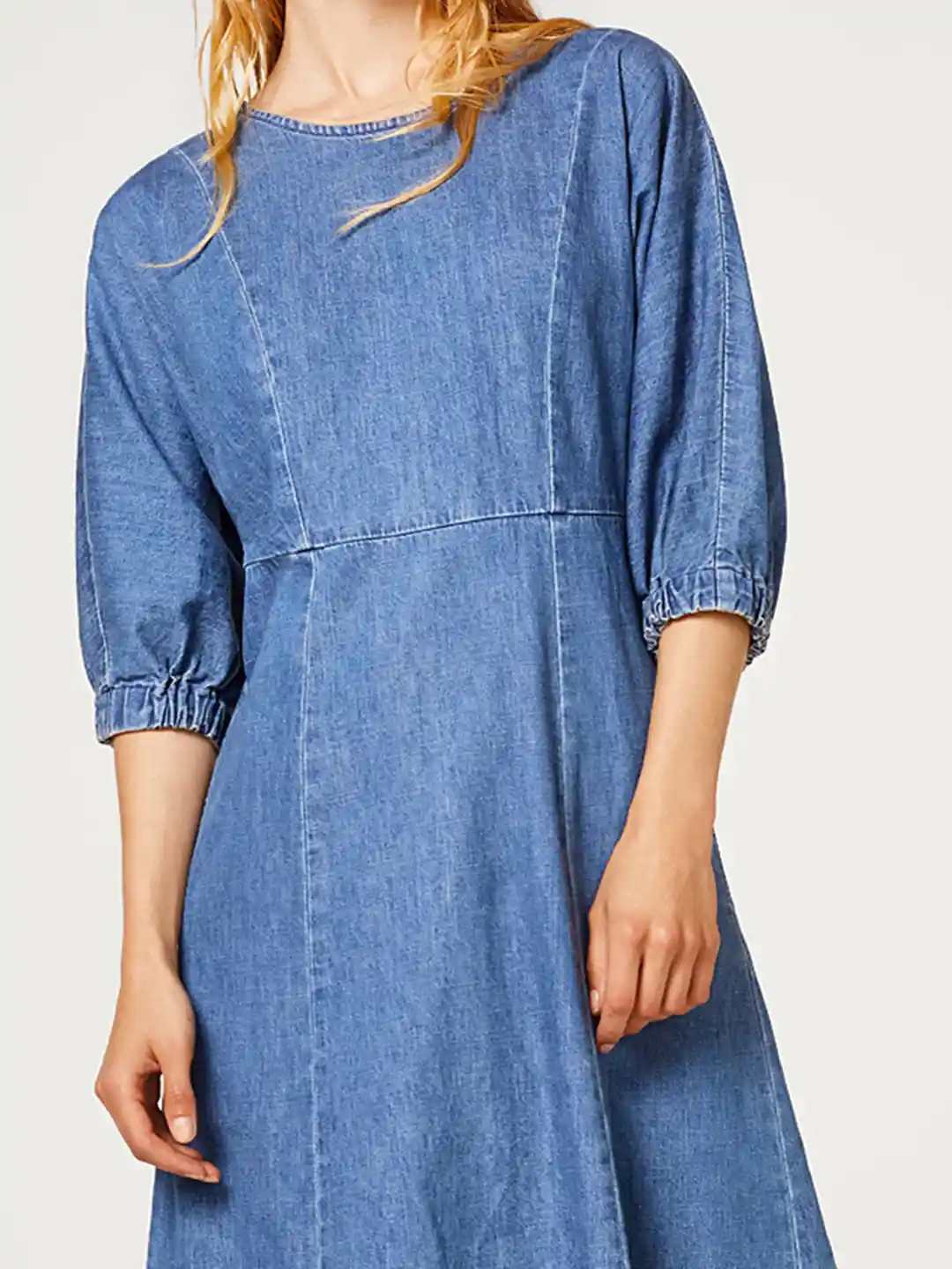 Buy ESPRIT Women Blue Solid Denim Midi Fit Flare Dress Dresses