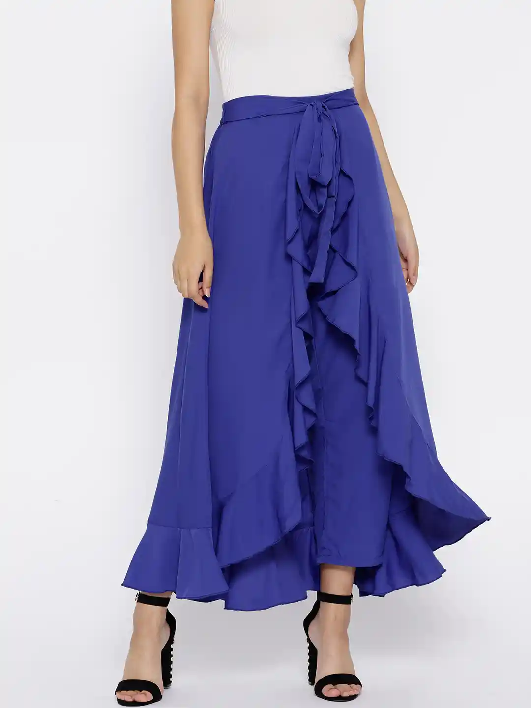 Buy Berrylush Blue Solid Ruffled Flared Maxi Skirt with Attached