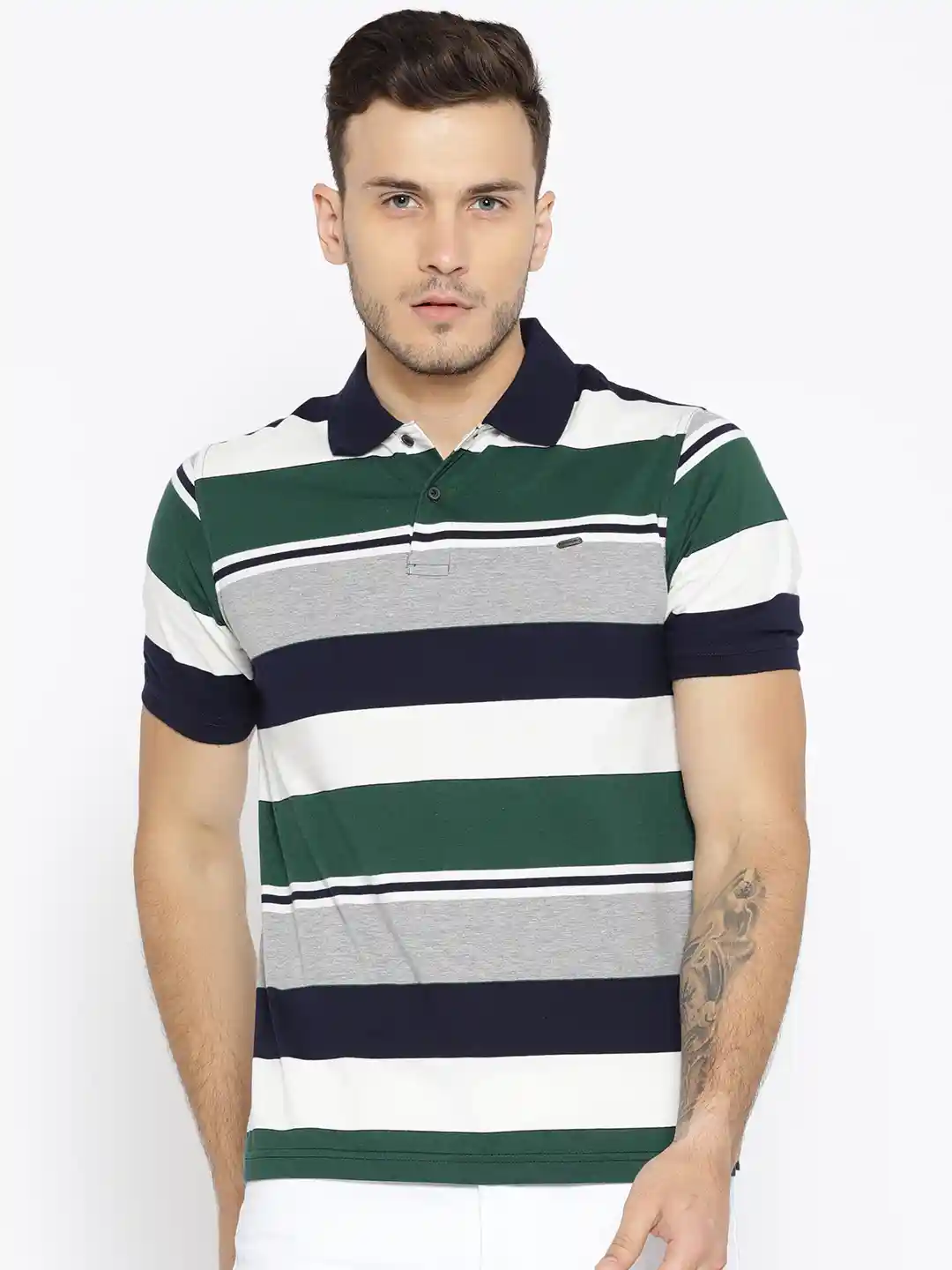 Buy Peter England Men Green Navy Blue Striped Polo Collar T