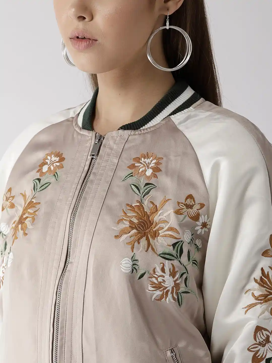 Buy FOREVER 21 Women Beige Off-White Embroidered Varsity Jacket