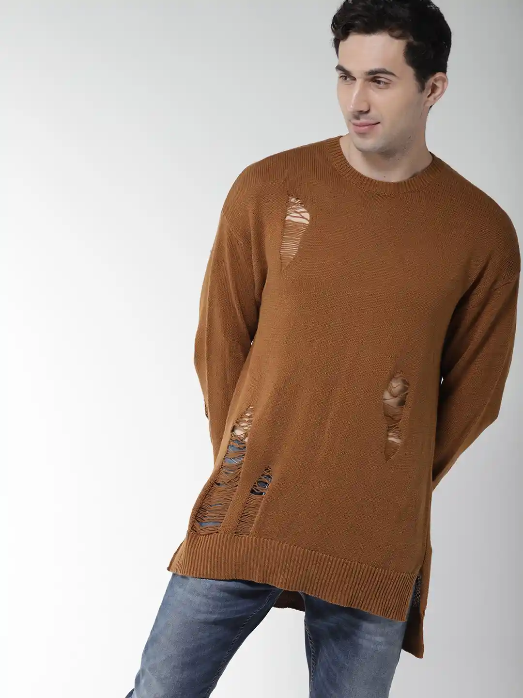 Buy FOREVER 21 Men Brown Solid Distressed Pullover Sweaters for