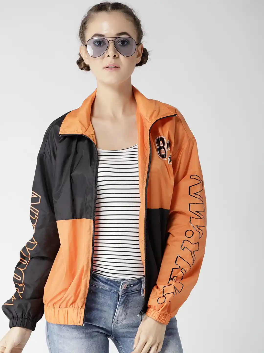Buy FOREVER 21 Women Orange Black Colourblocked Bomber Jacket
