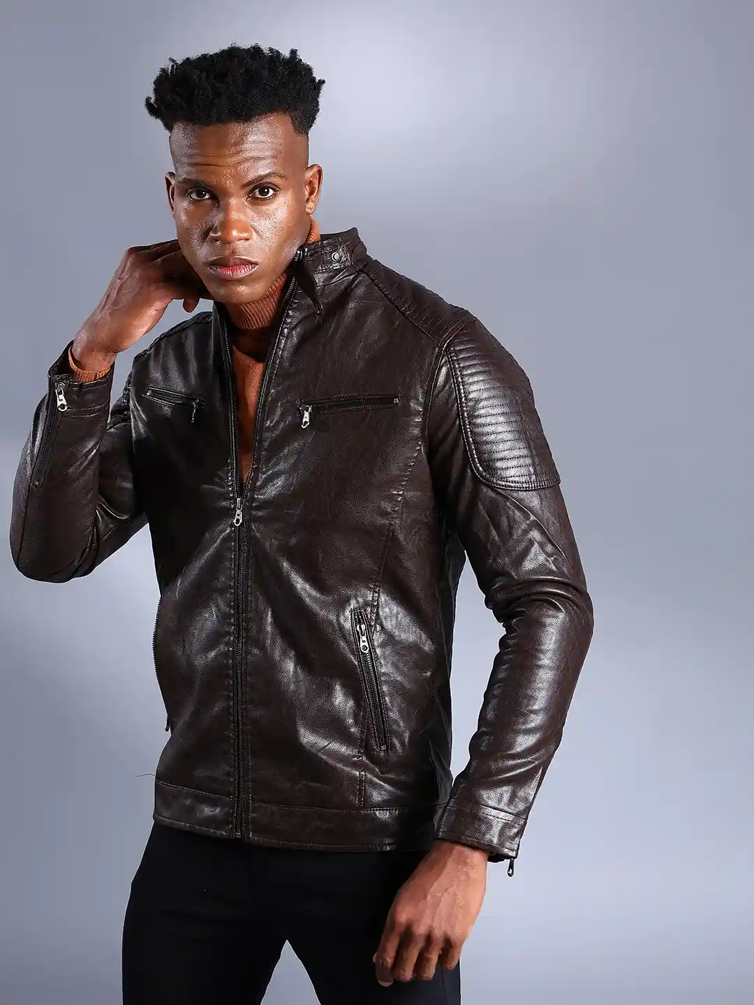 Buy The Indian Garage Co Men Brown Solid Faux Biker Jacket