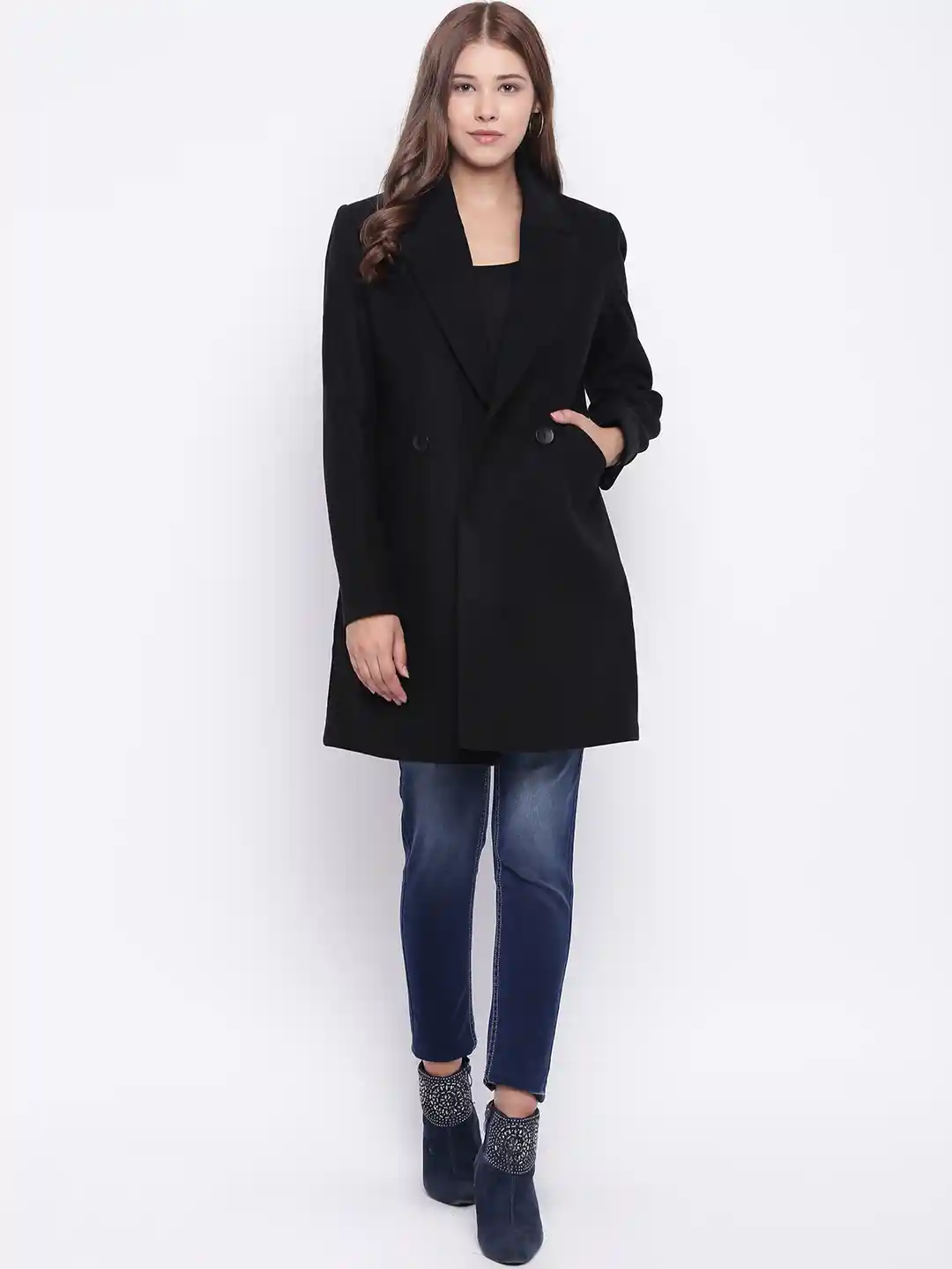 Buy Madame Women Black Solid Over Coat Coats for Women 7272421