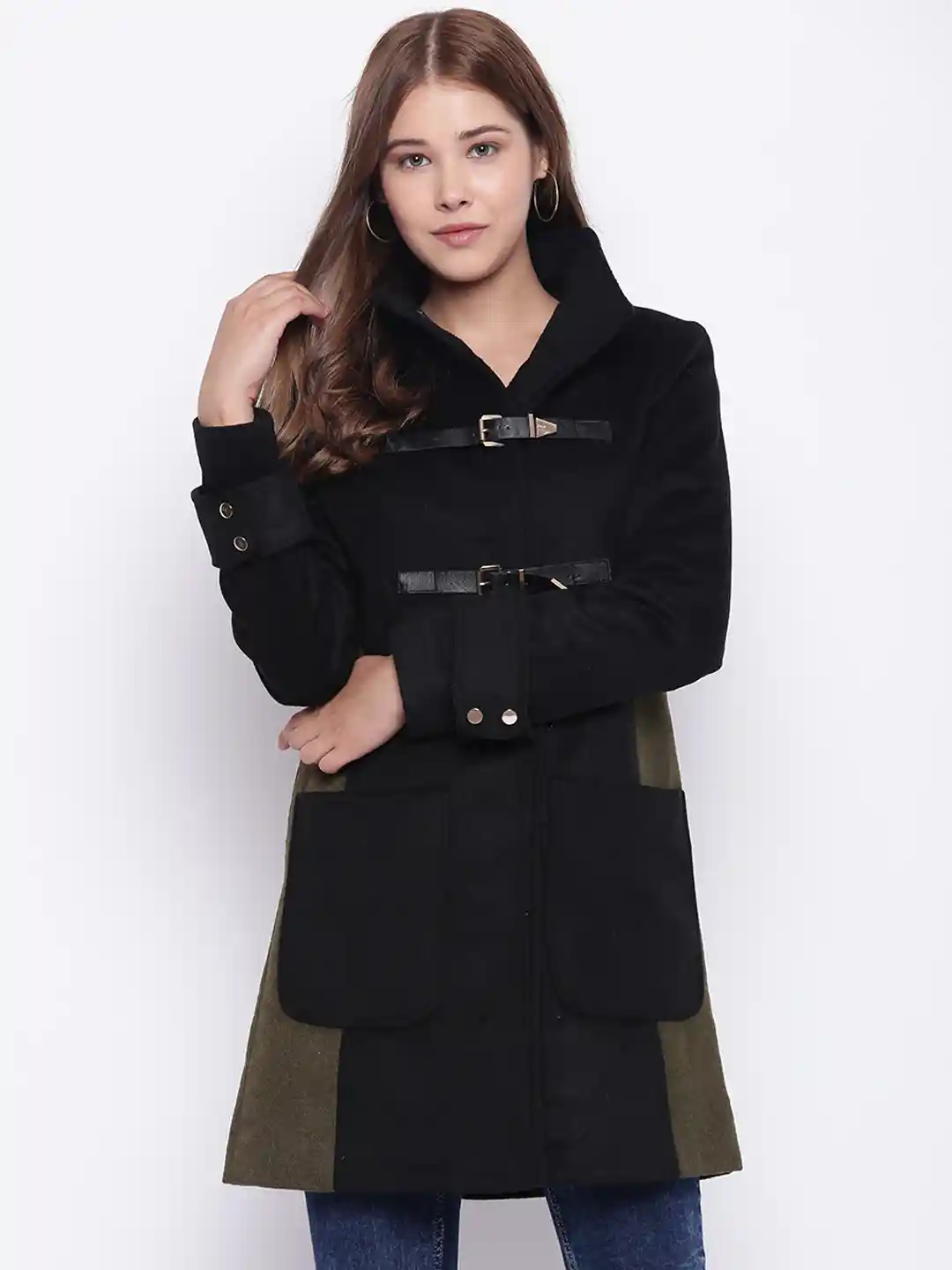 Buy Madame Women Black Solid Knee-Length Duffle Coat Coats for