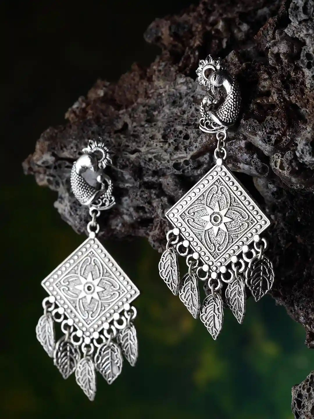 Buy Moedbuille Silver-Plated Oxidised Peacock Shaped Drop Earrings