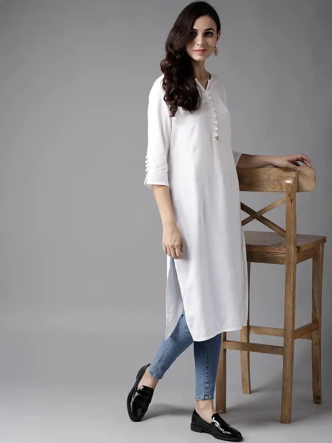 Buy Moda Rapido Women White Solid Straight Kurta Kurtas for
