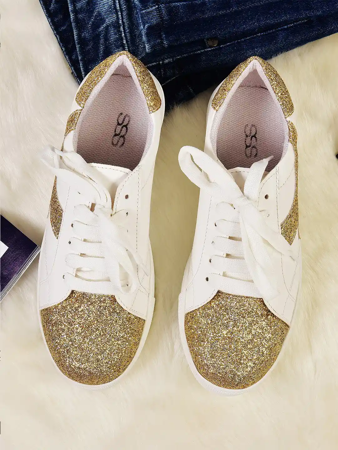 Buy Street Style Store Women White Gold-Toned Glitter Sneakers