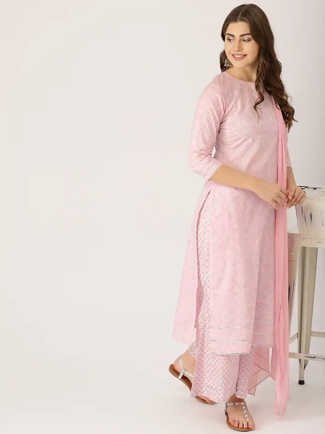 Buy Libas Women Pink Silver Printed Kurta with Palazzos