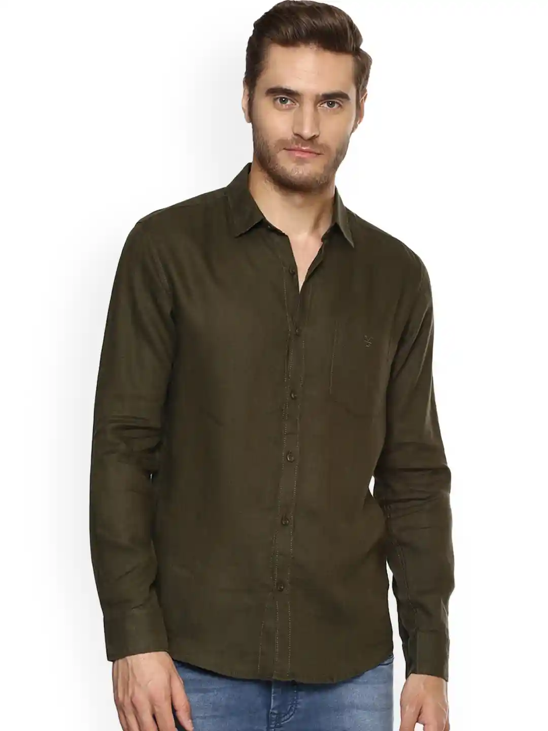 Buy Mufti Men Olive Green Slim Fit Solid Linen Casual Shirt