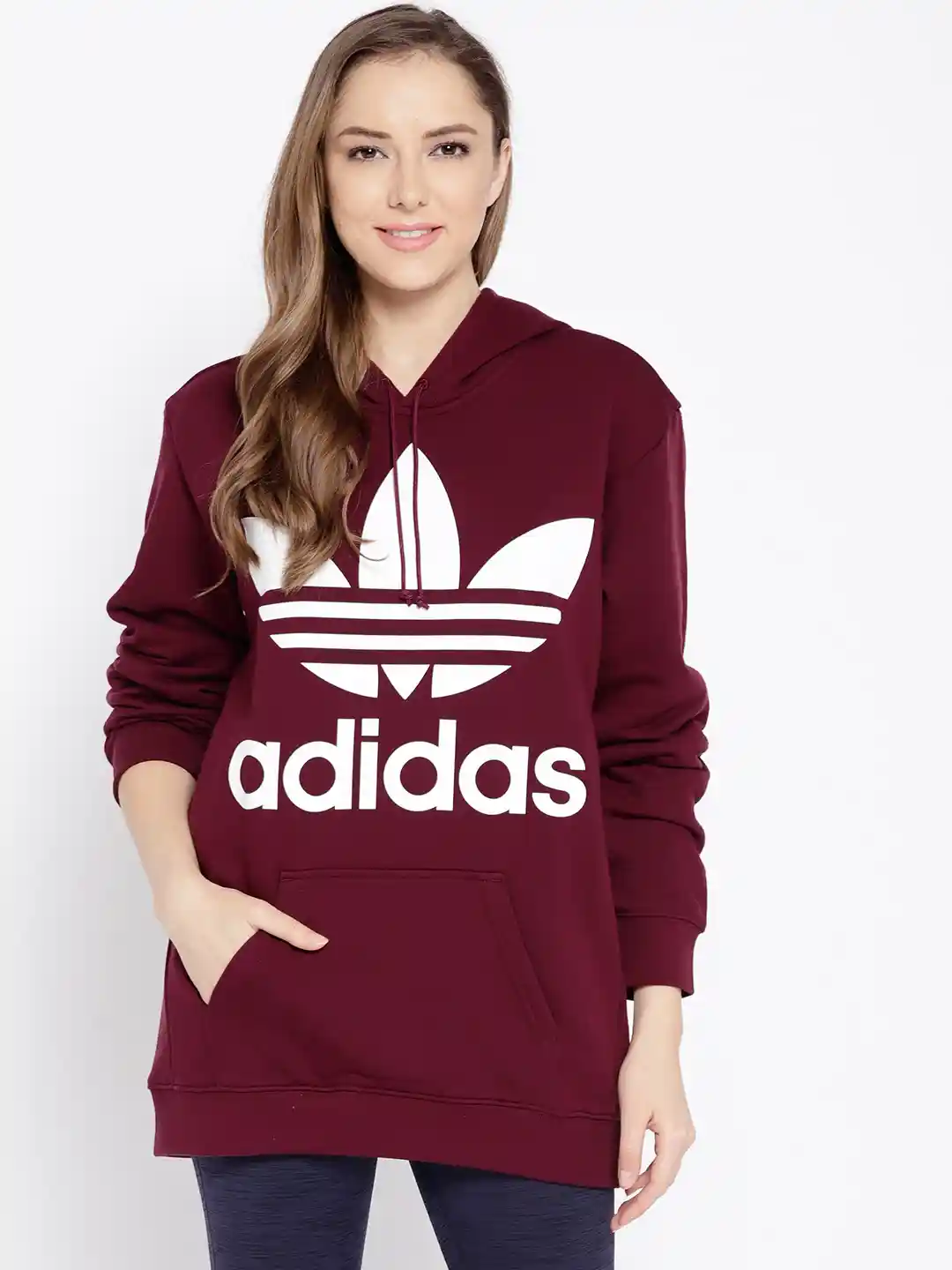 Buy ADIDAS Originals Women Burgundy Oversize Trefoil Print Hooded