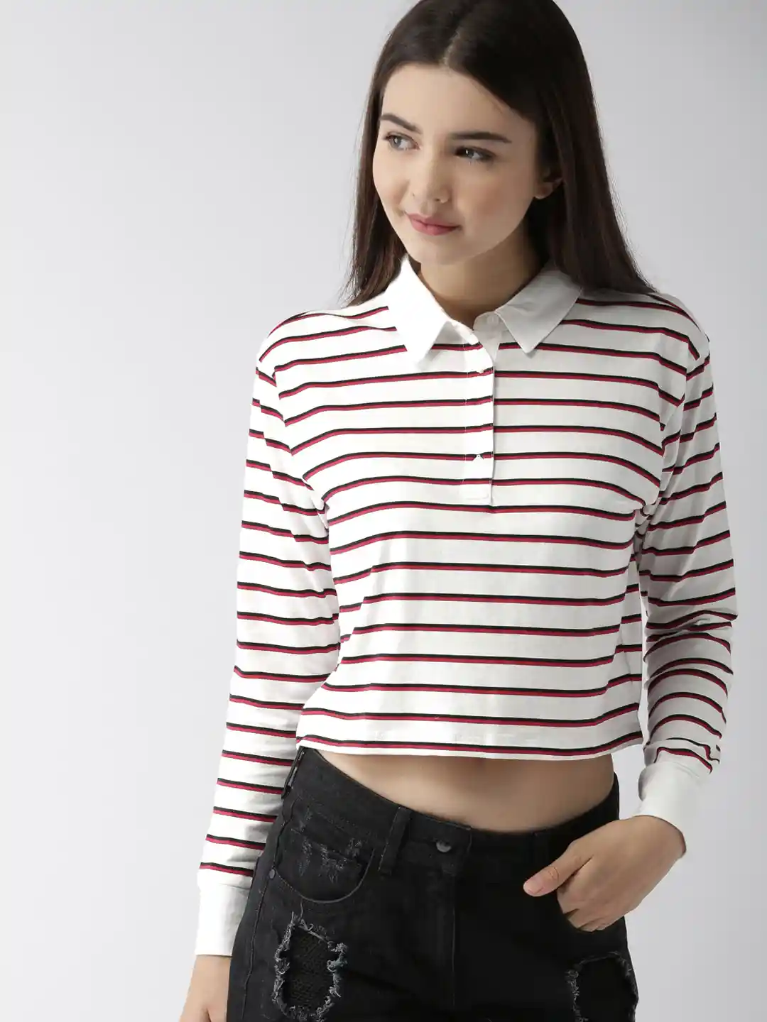 Sleeve Crop Striped Long Sleeve Shirt Forever 21 FOREVER 21 - Main Image