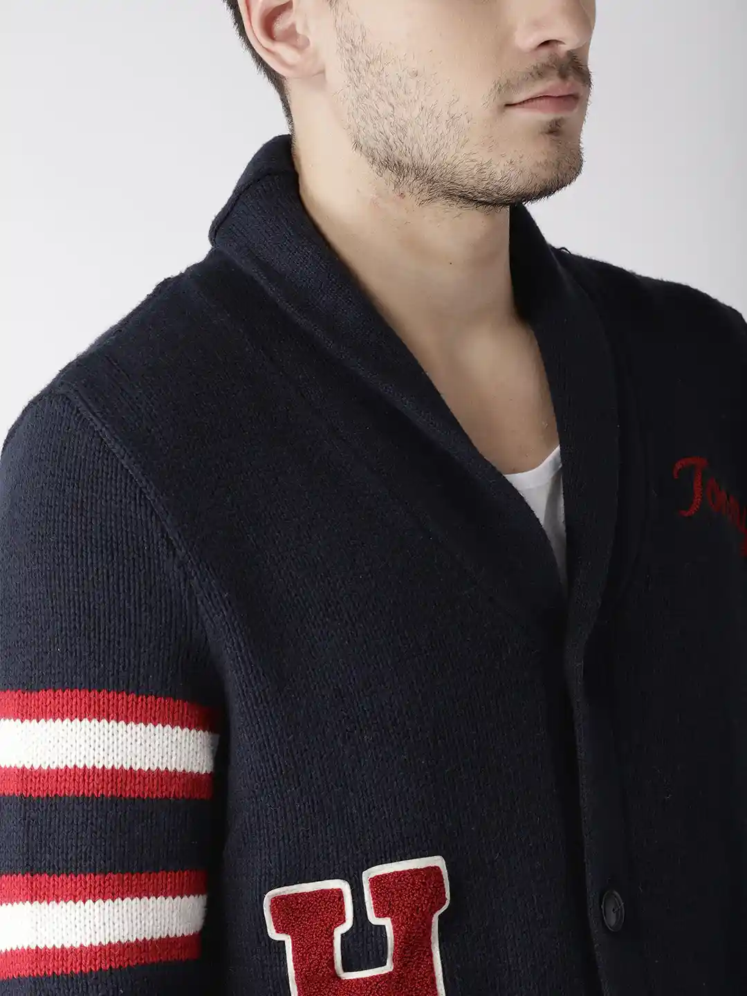 Buy Tommy Hilfiger Men Navy Blue Red Self Design Cardigan