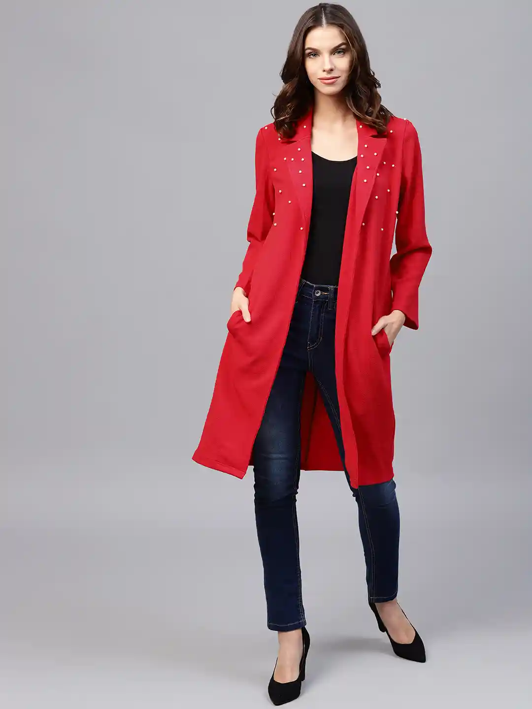 Buy Athena Red Solid Longline Open Front Shrug Shrug for Women