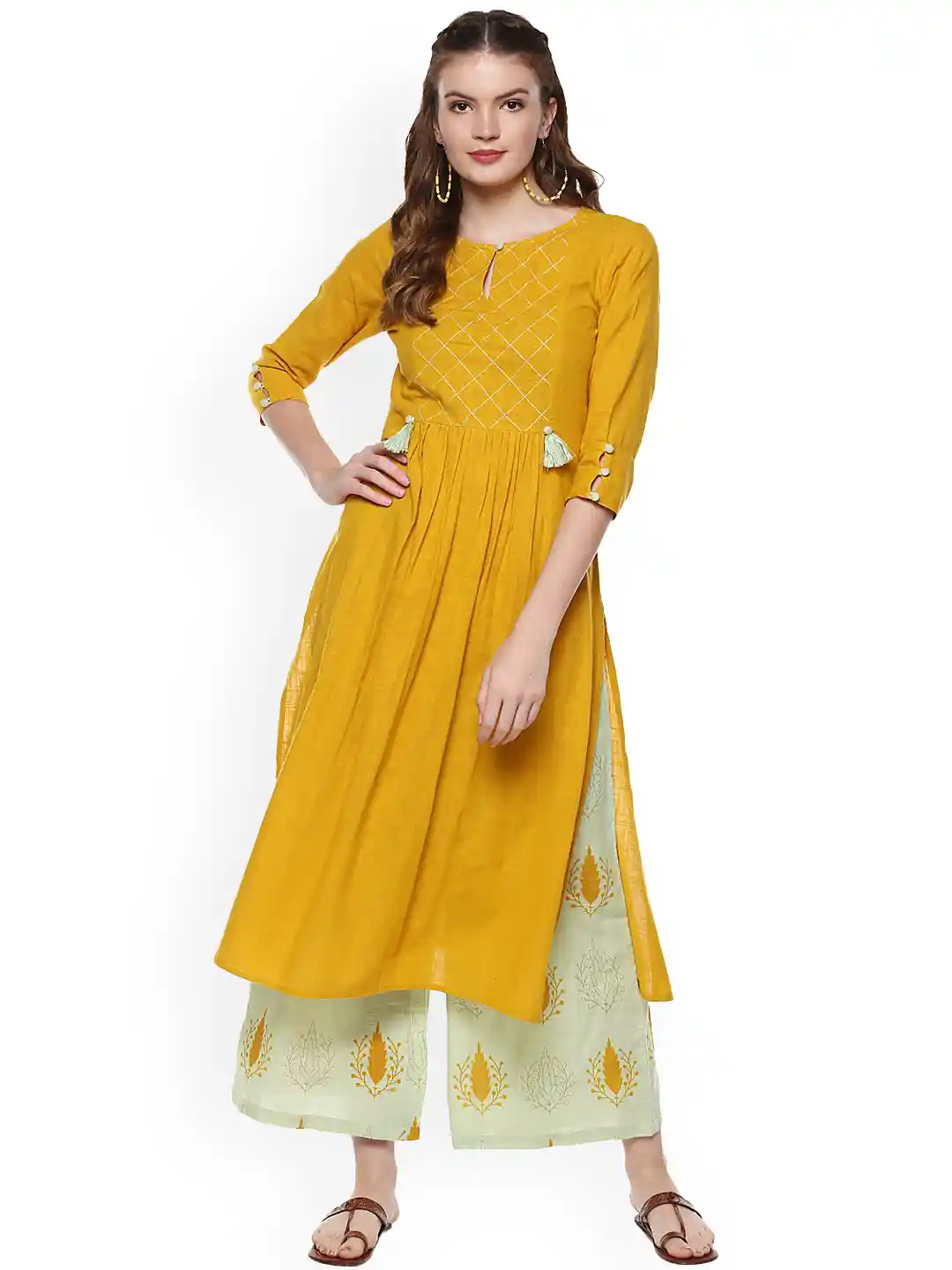Buy Idalia Women Mustard Yellow Solid Kurta with Palazzos Kurta