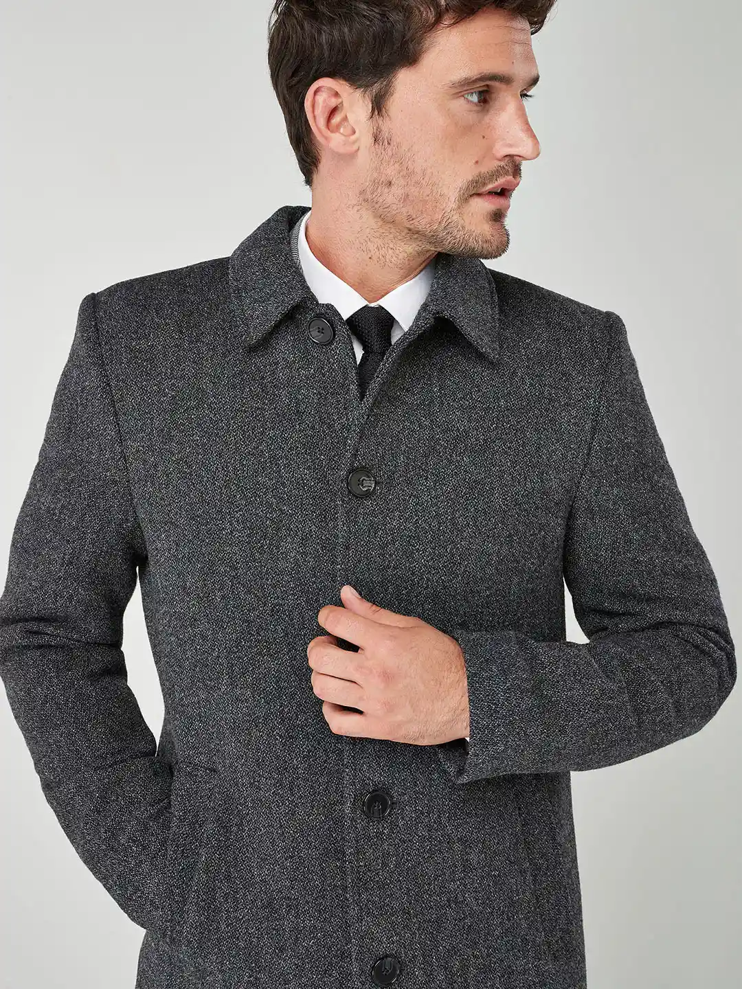 Buy next Men Charcoal Grey Self-Design Woollen Overcoat Coats
