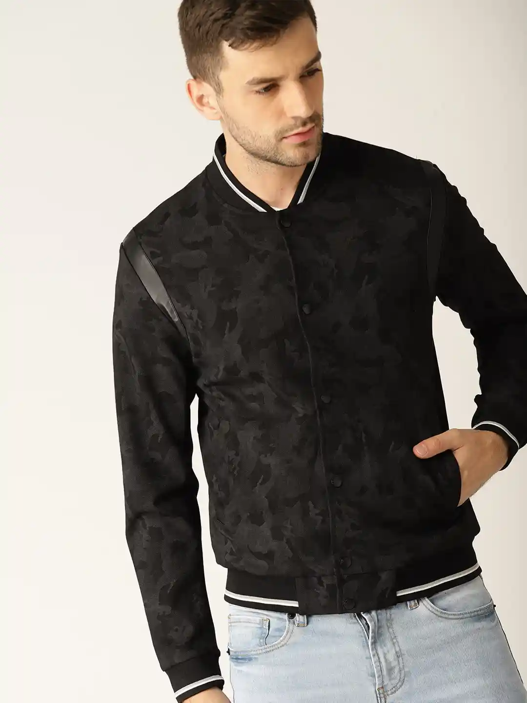 Buy United Colors of Benetton Men Black Printed Varsity Jacket