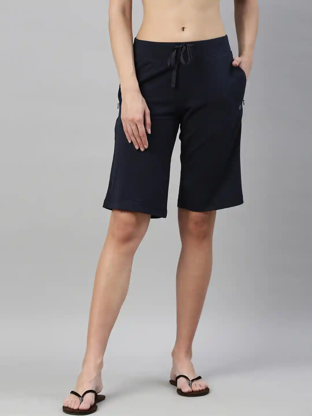 Enamor E044 Mid-Rise Stretch Cotton City Shorts for Women with Zipper  Pockets