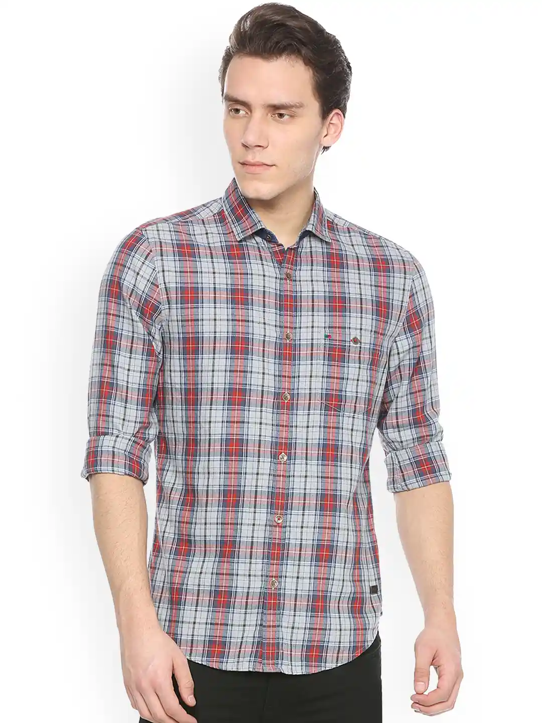 Buy Peter England Casuals Men Grey Red Slim Fit Checked Casual