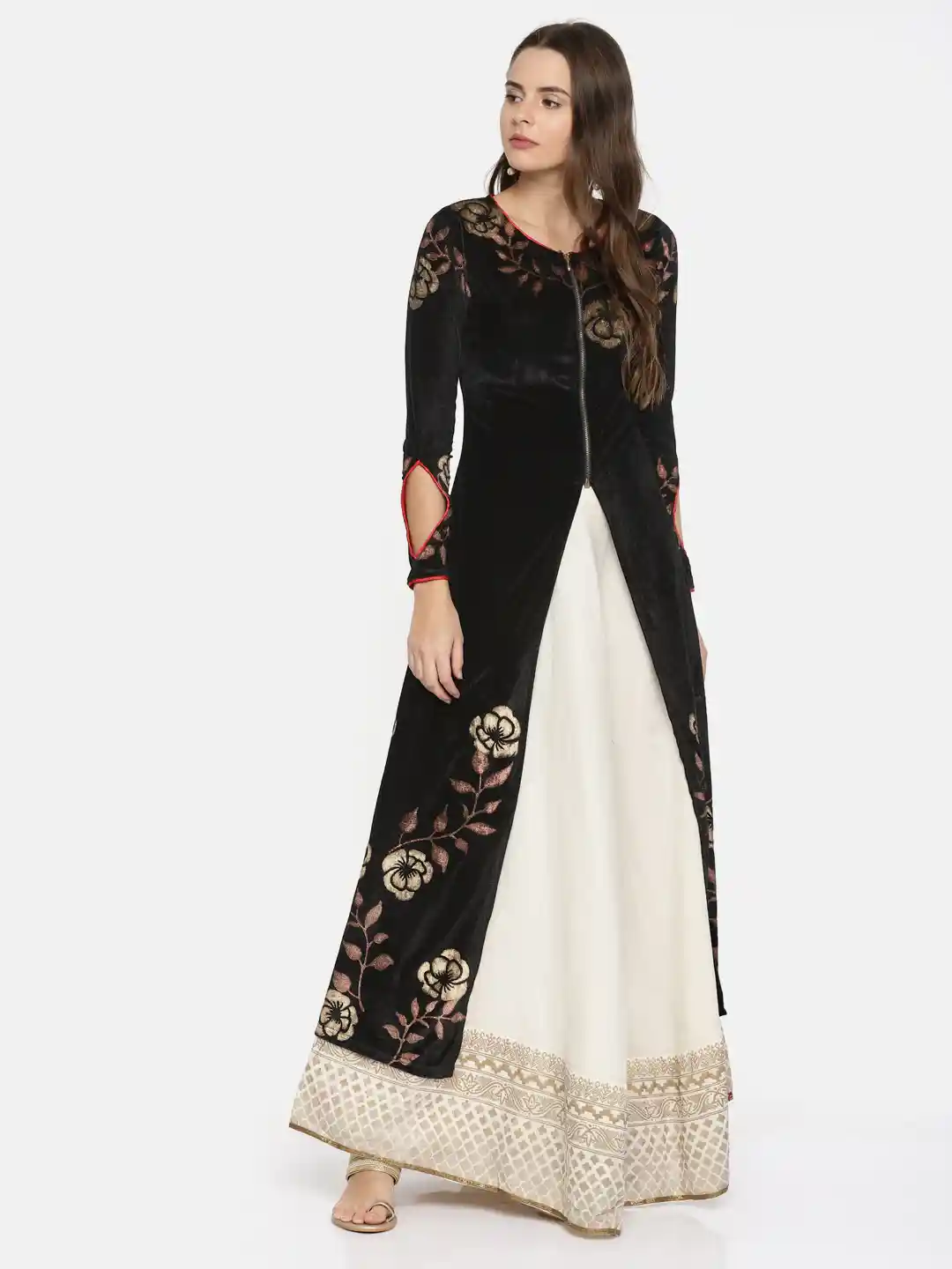 Buy Ira Soleil Women Black Printed Velvet Ethnic Longline Jacket