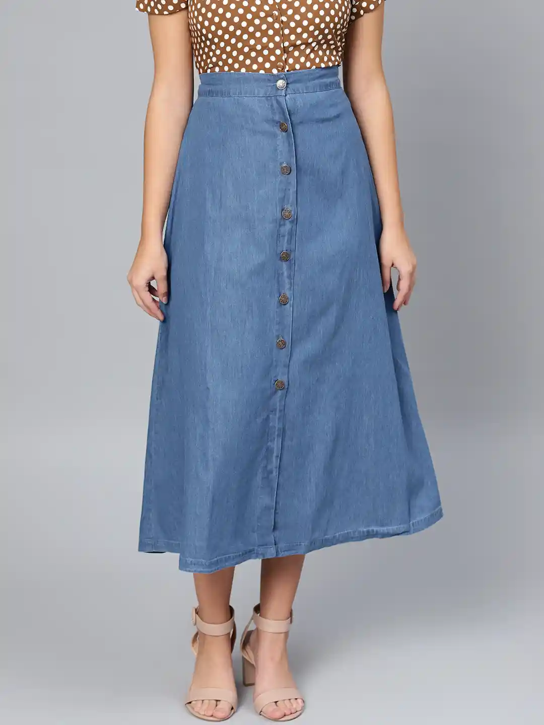 Buy SASSAFRAS Blue Denim Midi A-Line Pure Cotton Skirt Skirts - Main Image