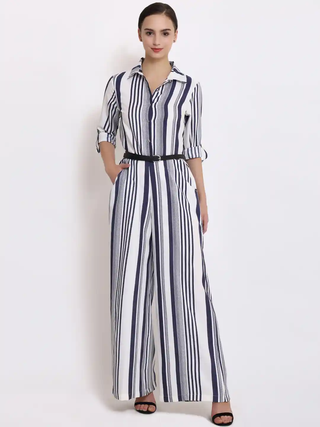 Buy PURYS White Navy Blue Striped Basic Jumpsuit Jumpsuit for