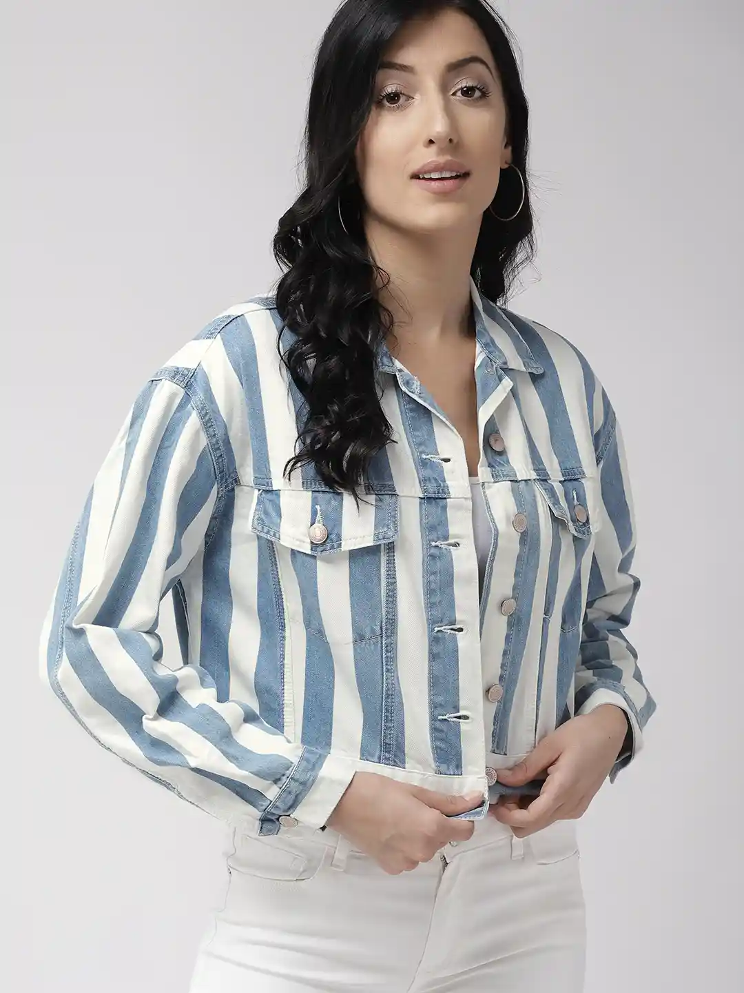 Buy FOREVER 21 Women Blue White Striped Crop Denim Jacket