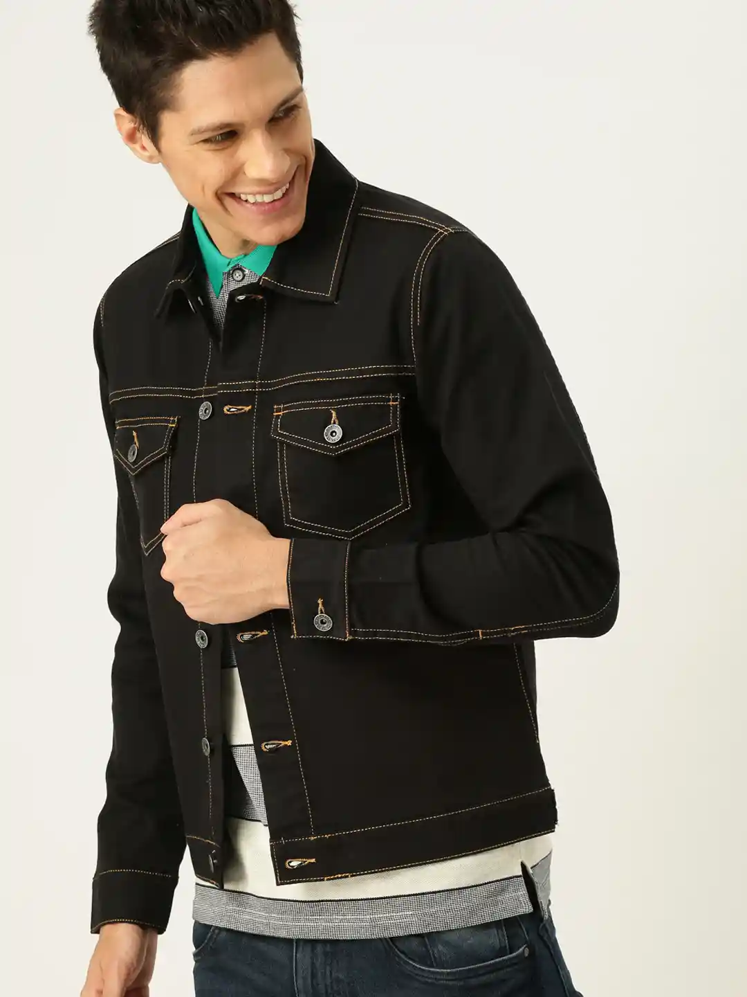 Buy United Colors of Benetton Men Black Solid Denim Jacket