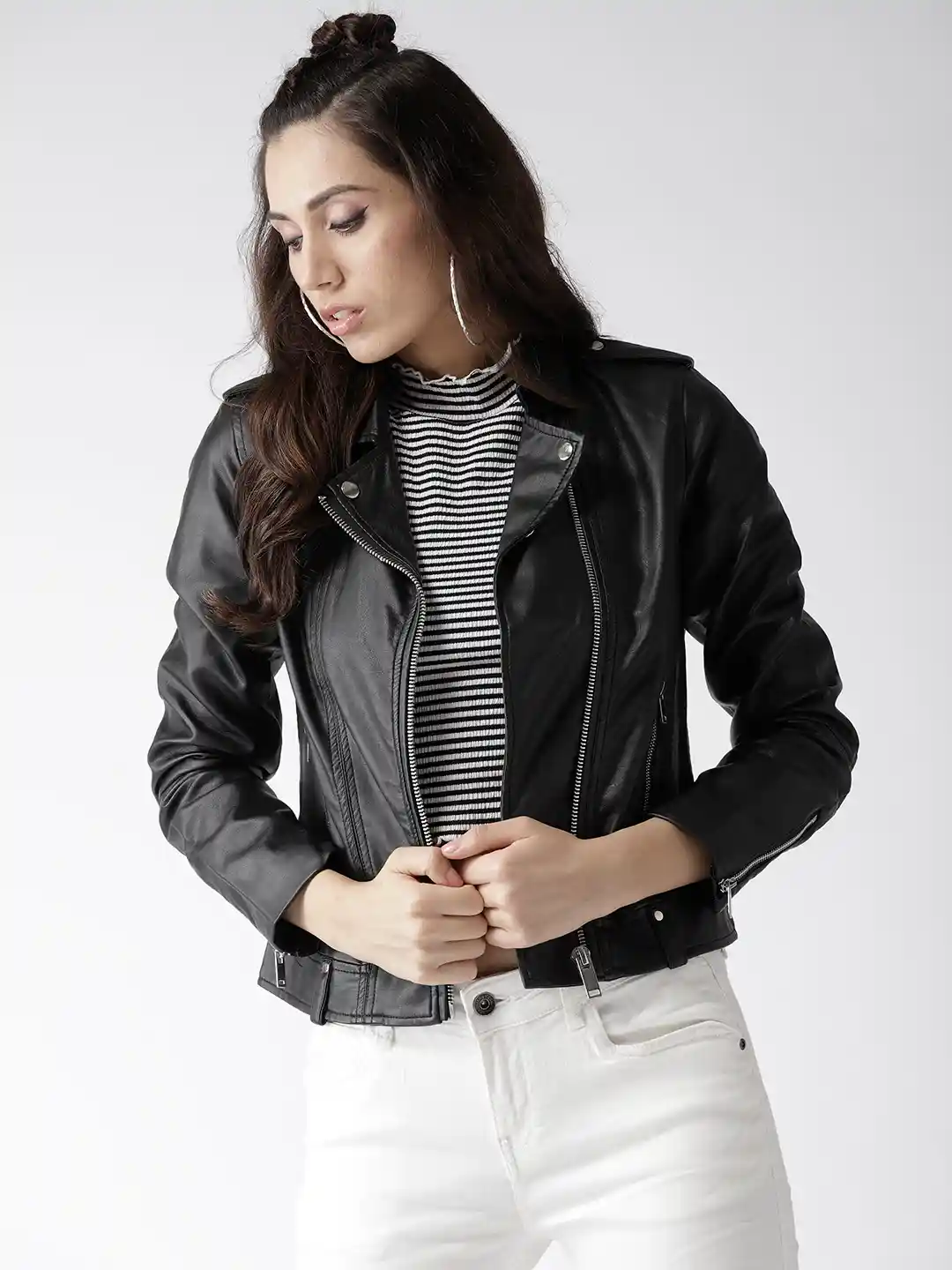 Buy Madame Women Black Solid Asymmetric Closure Biker Jacket