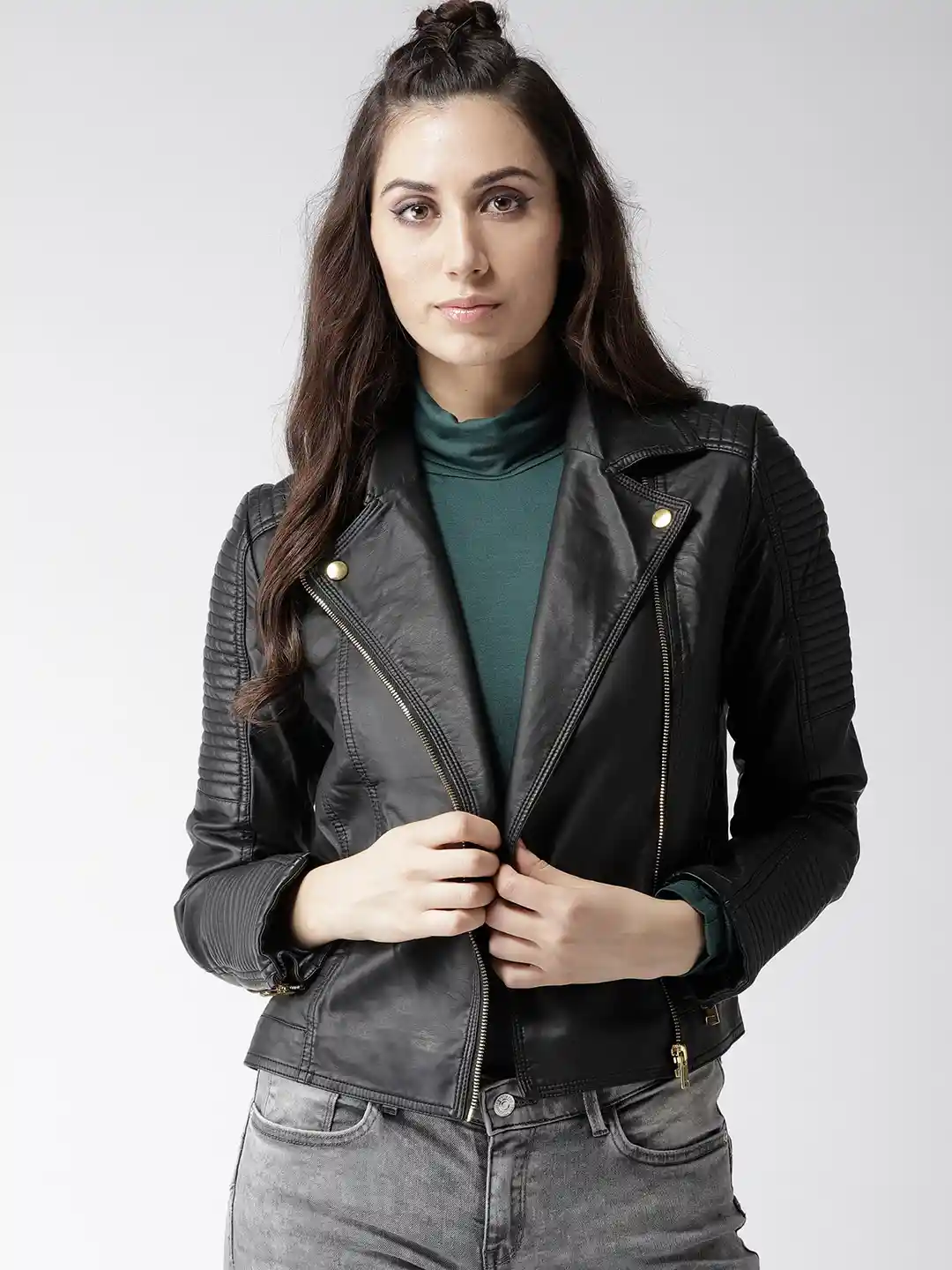 Buy Madame Women Black Solid Biker Jacket Jackets for Women