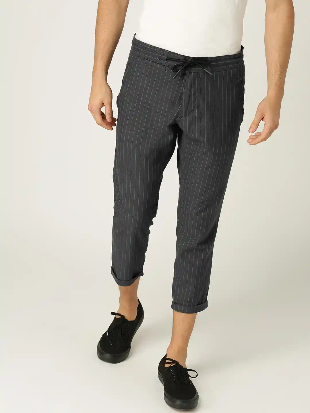 Buy ESPRIT Men Charcoal Grey Slim Fit Striped Regular Cropped