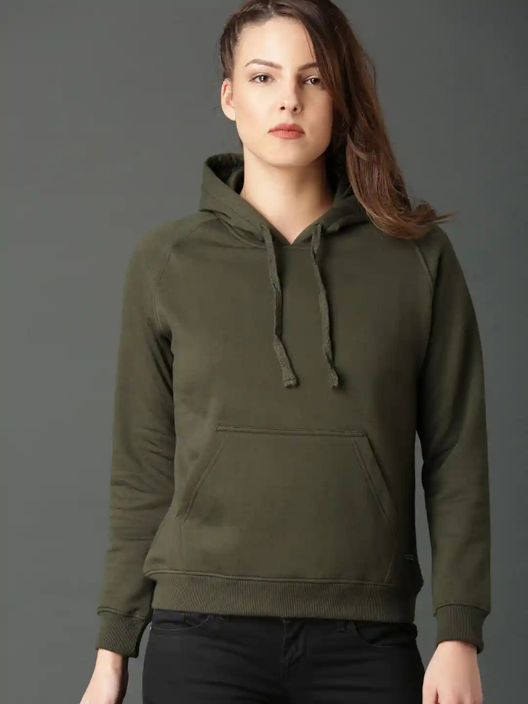 Roadster Women Olive Green Solid Hooded Sweatshirt